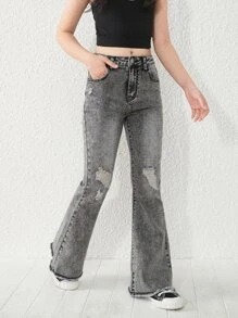 Nuevos vaqueros acampanados casuales y elegantes para niñas preadolescentes, versátiles, con dobladillo de flecos y aspecto lavado desgastado - Gris Oscuro - Ver 4