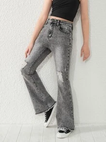 Nuevos vaqueros acampanados casuales y elegantes para niñas preadolescentes, versátiles, con dobladillo de flecos y aspecto lavado desgastado - Gris Oscuro - Ver 6