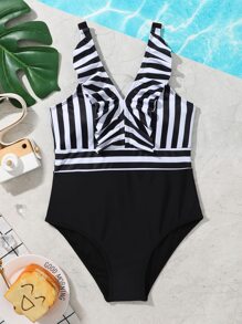 Girls Striped Ruffle Trim One Piece Swimsuit - Black and White - View 1