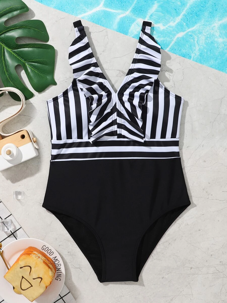 Girls Striped Ruffle Trim One Piece Swimsuit - Black and White - View 1