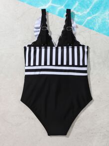 Girls Striped Ruffle Trim One Piece Swimsuit - Black and White - View 2