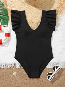 Tween Girl Ruffle Trim One Piece Swimsuit - Black - View 1