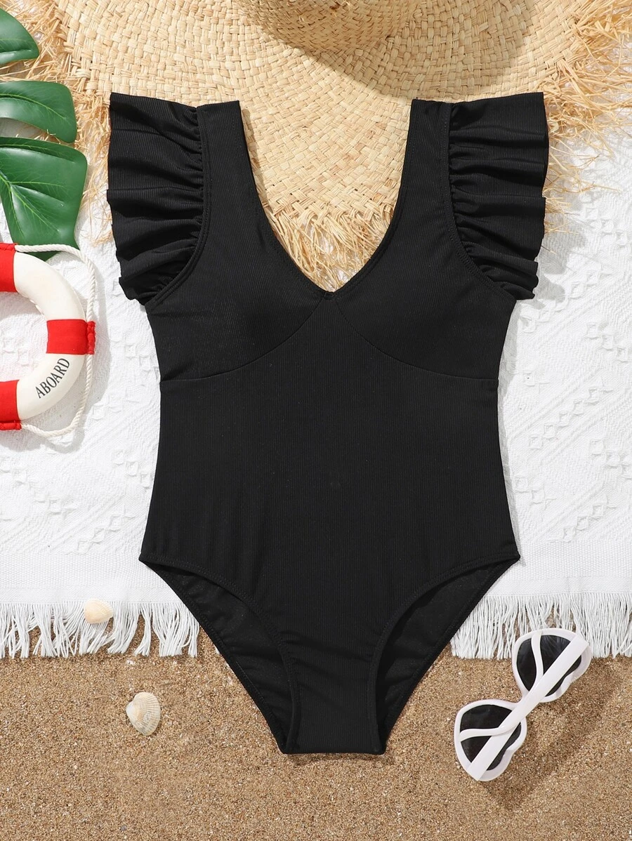 Tween Girl Ruffle Trim One Piece Swimsuit - Black - View 1