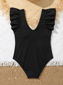 Tween Girl Ruffle Trim One Piece Swimsuit - Black - View 2