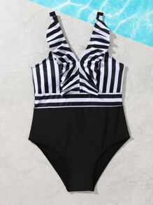 Girls Striped Ruffle Trim One Piece Swimsuit - Black and White - View 3