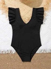 Tween Girl Ruffle Trim One Piece Swimsuit - Black - View 3