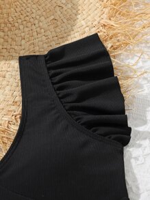 Tween Girl Ruffle Trim One Piece Swimsuit - Black - View 4