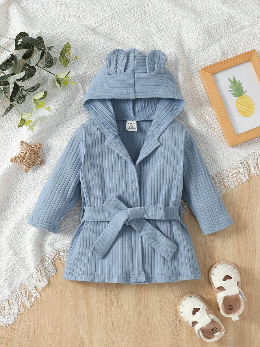 Baby 3D Ear Design Hooded Belted Sleep Robe - Dusty Blue - View 1