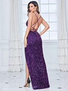 Lace Up Backless Split Thigh Sequin Dress - Purple - View 1