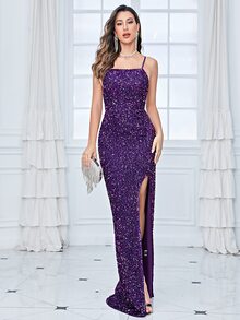 Lace Up Backless Split Thigh Sequin Dress - Purple - View 2