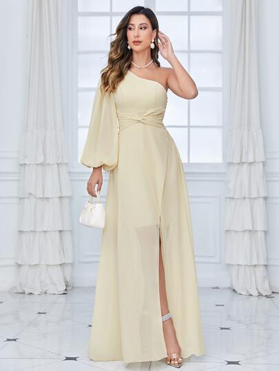 單肩燈籠袖前扭結高衩雪紡伴娘連衣裙