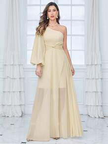 單肩燈籠袖前扭結高衩雪紡伴娘連衣裙 - 杏色 - 查看 4