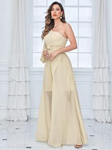 單肩燈籠袖前扭結高衩雪紡伴娘連衣裙 - 杏色 - 查看 7