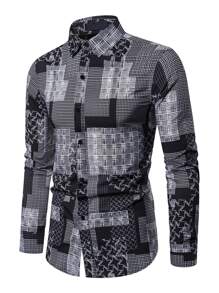 NITAGUT Áo sơ mi Nam Nút phía trước Chắp vá Boho - Đen và trắng - Xem 1