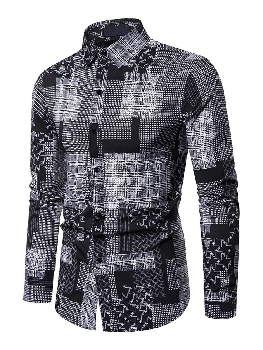 NITAGUT Áo sơ mi Nam Nút phía trước Chắp vá Boho - Đen và trắng - Xem 1