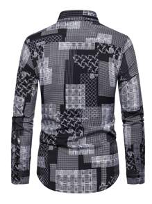 NITAGUT Áo sơ mi Nam Nút phía trước Chắp vá Boho - Đen và trắng - Xem 2