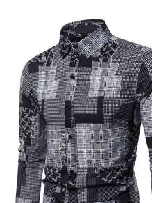 NITAGUT Áo sơ mi Nam Nút phía trước Chắp vá Boho - Đen và trắng - Xem 3