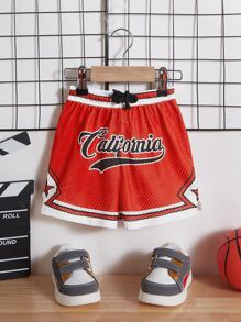 SHEIN 嬰兒男孩字母圖形條紋邊裝束束腰短褲 - 紅色 - 查看 1