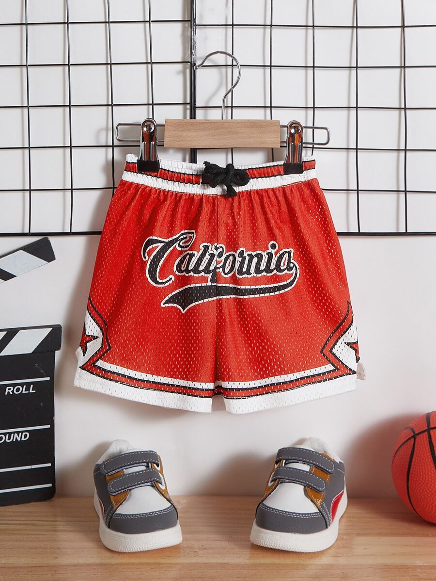 SHEIN 嬰兒男孩字母圖形條紋邊裝束束腰短褲 - 紅色 - 查看 1