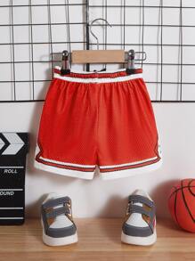 SHEIN 嬰兒男孩字母圖形條紋邊裝束束腰短褲 - 紅色 - 查看 2