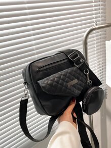 Mini Quilted Metal Decor Square Bag With Coin Purse - Black - View 2