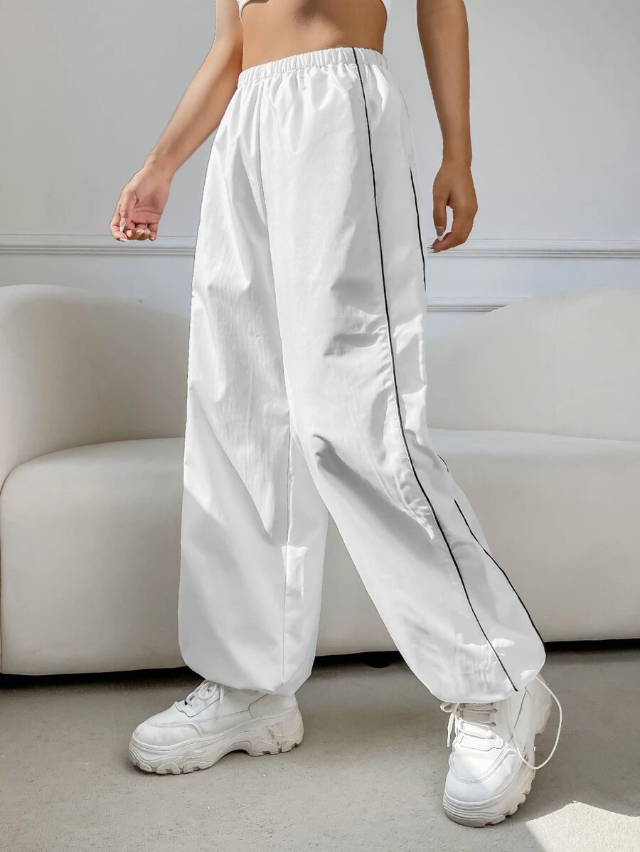 SHEIN EZwear Contrast Piping Drawstring Hem Trousers - White - View 1