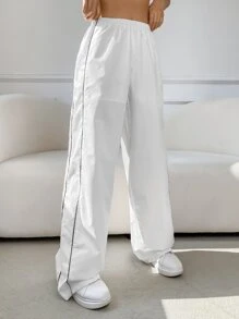 SHEIN EZwear Contrast Piping Drawstring Hem Trousers - White - View 3