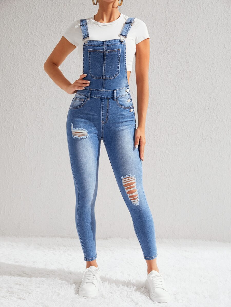 SHEIN Essnce 破洞補丁貼口袋牛仔背帶褲不帶T恤 - 中等水洗藍 - 查看 1