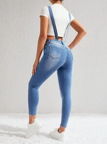 SHEIN Essnce 破洞補丁貼口袋牛仔背帶褲不帶T恤 - 中等水洗藍 - 查看 2