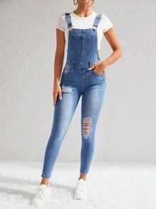 SHEIN Essnce 破洞補丁貼口袋牛仔背帶褲不帶T恤 - 中等水洗藍 - 查看 3