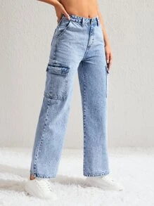 Flap Pocket Side Cargo Jeans - Light Wash - View 5