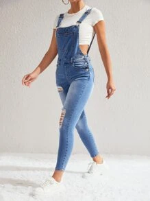 SHEIN Essnce 破洞補丁貼口袋牛仔背帶褲不帶T恤 - 中等水洗藍 - 查看 4