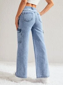 Flap Pocket Side Cargo Jeans - Light Wash - View 2