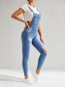 SHEIN Essnce 破洞補丁貼口袋牛仔背帶褲不帶T恤 - 中等水洗藍 - 查看 5