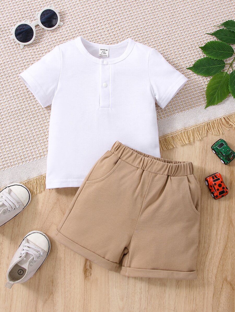 Baby Boy Solid Tee & Roll Up Hem Shorts - Multicolor - View 1