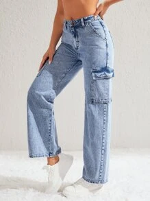 Flap Pocket Side Cargo Jeans - Light Wash - View 1