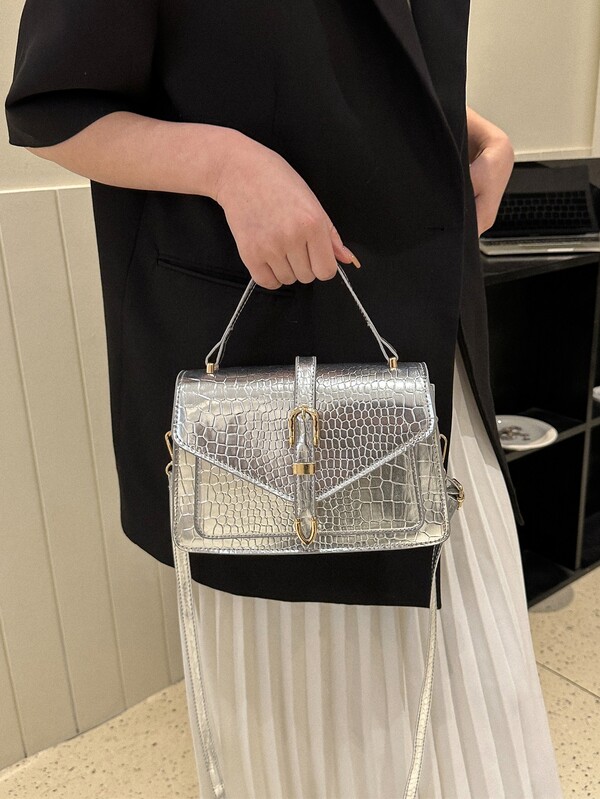 Metallic Crocodile Embossed Flap Square Bag