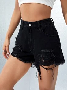 SHEIN EZwear Ripped Raw Hem Denim Shorts - Black - View 1