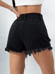 SHEIN EZwear Ripped Raw Hem Denim Shorts - Black - View 2