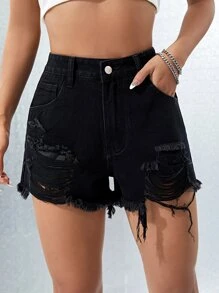 SHEIN EZwear Ripped Raw Hem Denim Shorts - Black - View 3