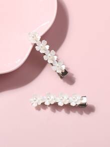 2pcs Girls Faux Pearl & Flower Decor Hair Clip - White - View 2