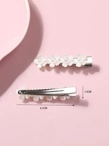 2pcs Girls Faux Pearl & Flower Decor Hair Clip - White - View 3