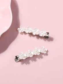2pcs Girls Faux Pearl & Flower Decor Hair Clip - White - View 4