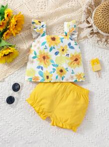 Baby Floral Print Ruffle Trim Top & Shorts - Multicolor - View 1