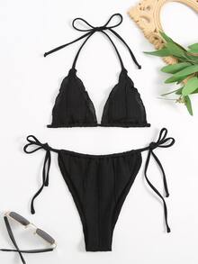 生菜邊領口三角型綁帶式夏季沙灘比基尼套裝 - 黑色 - 查看 7
