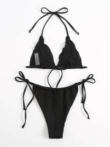 生菜邊領口三角型綁帶式夏季沙灘比基尼套裝 - 黑色 - 查看 4