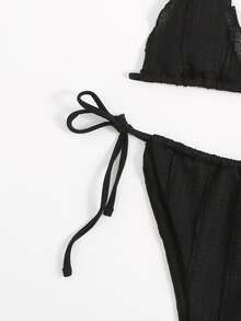 生菜邊領口三角型綁帶式夏季沙灘比基尼套裝 - 黑色 - 查看 3