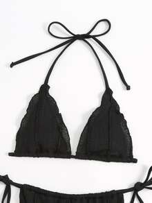 生菜邊領口三角型綁帶式夏季沙灘比基尼套裝 - 黑色 - 查看 5