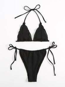 生菜邊領口三角型綁帶式夏季沙灘比基尼套裝 - 黑色 - 查看 6