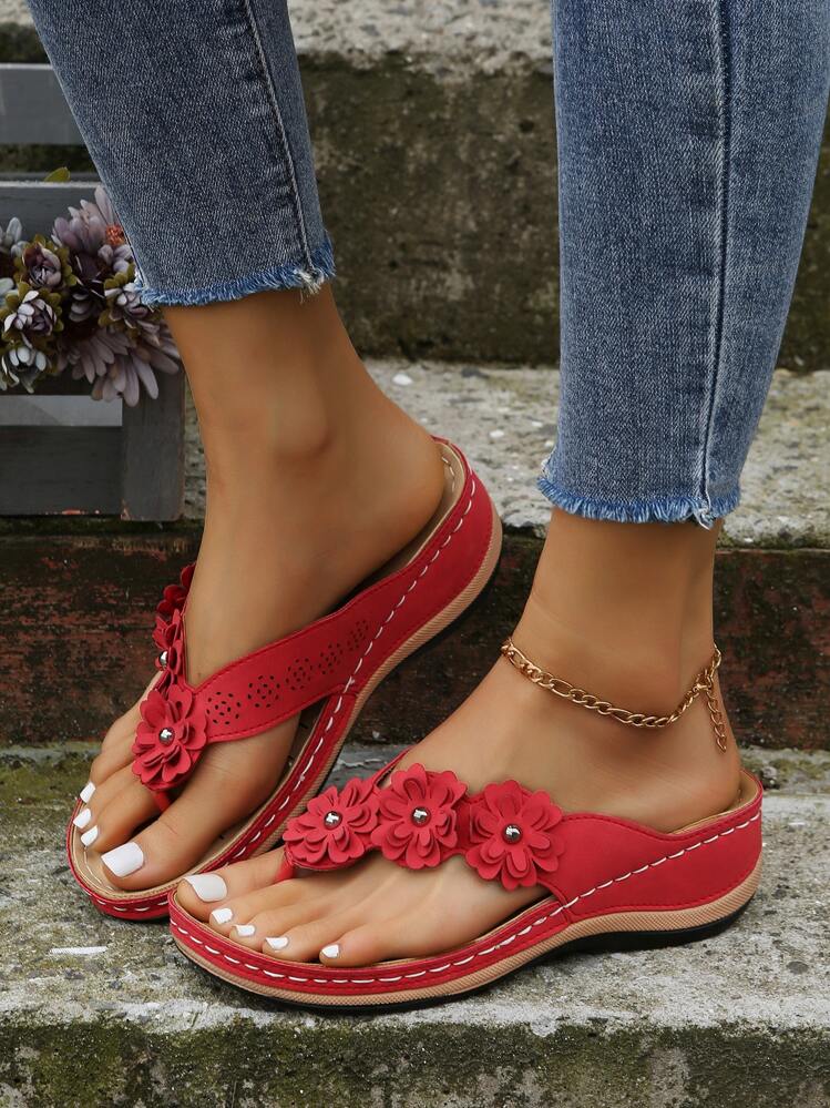 Dép xỏ ngón đế dày mũi nhọn thêu hoa cho nữ - Đỏ - Xem 1